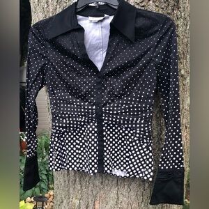 Kay Unger Polka Dot Button Down Blouse Size 4 Black White Stretch Cotton Fitted
